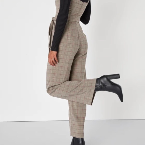 Lulus Autumn Essential Brown Plaid Sleeveless Wide Leg Jumpsuit - Picture 3 of 3
